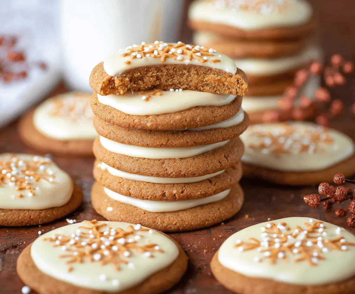 Eggnog Iced Gingerbread Cookies with festive glaze and sprinkles on a holiday platter.