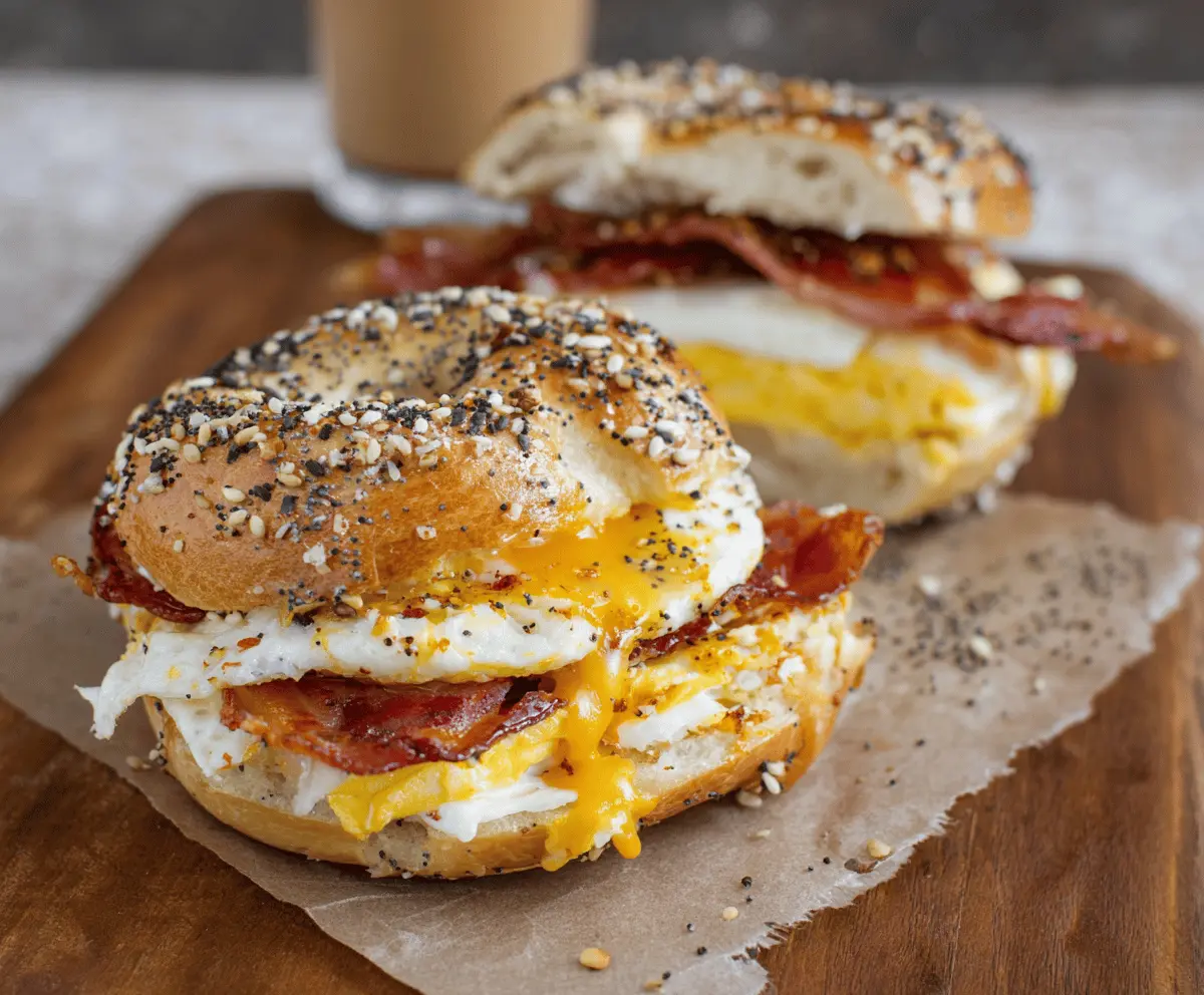 Delicious Everything Bagel Breakfast Sandwich with eggs, bacon, and cheese