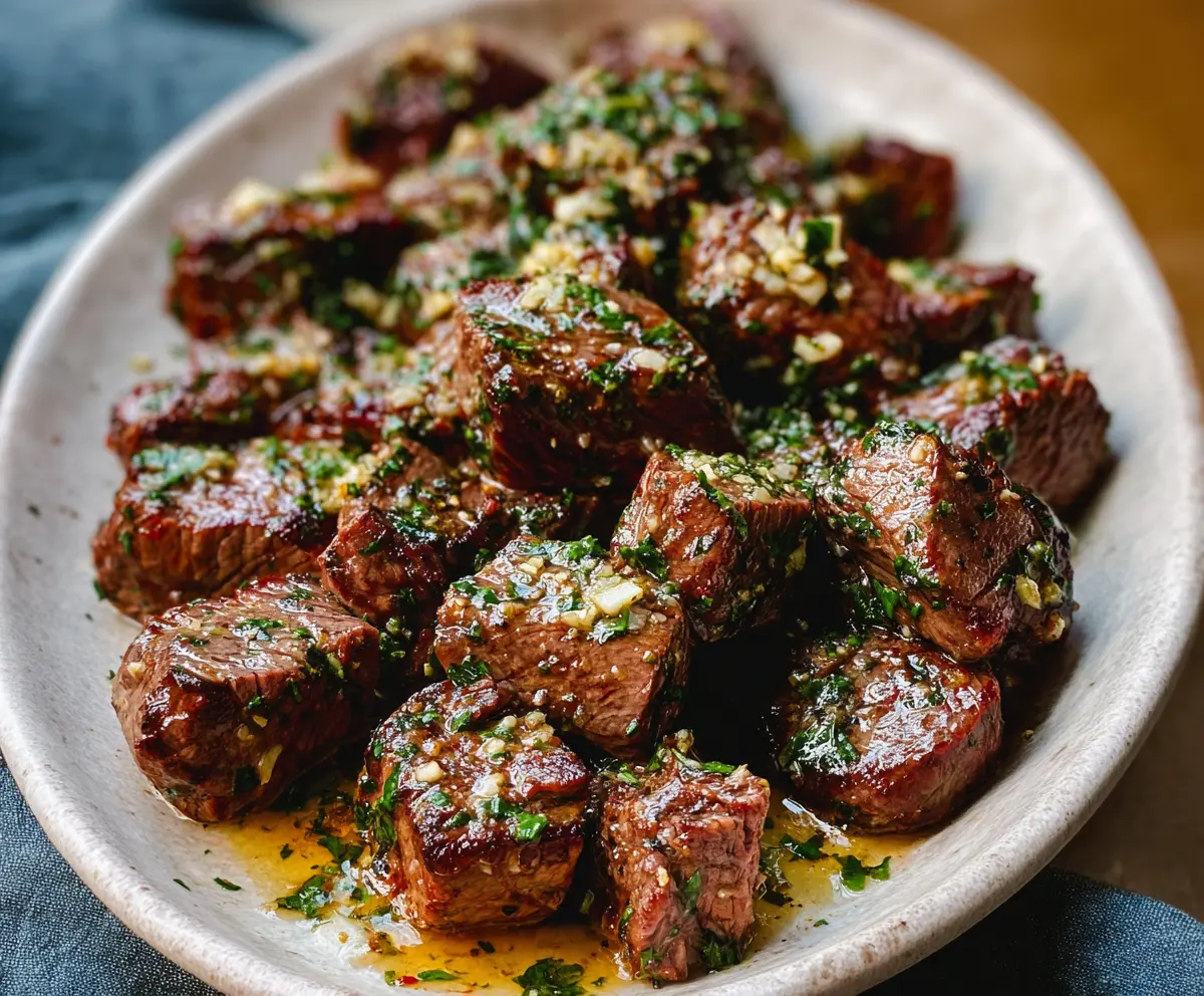 Juicy garlic butter steak bites served on a wooden platter with fresh herbs