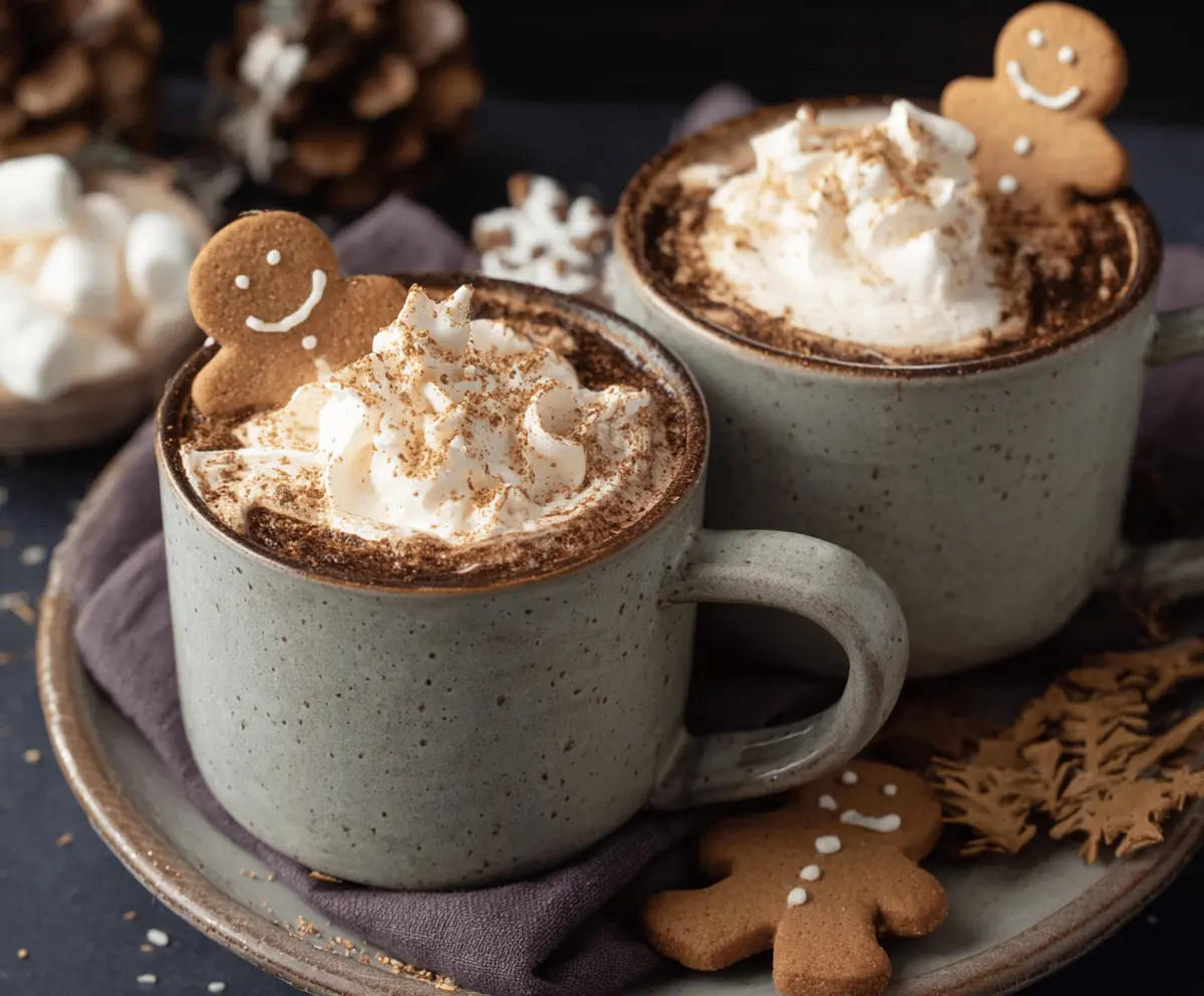Creamy gingerbread hot chocolate topped with whipped cream and a sprinkle of cinnamon.