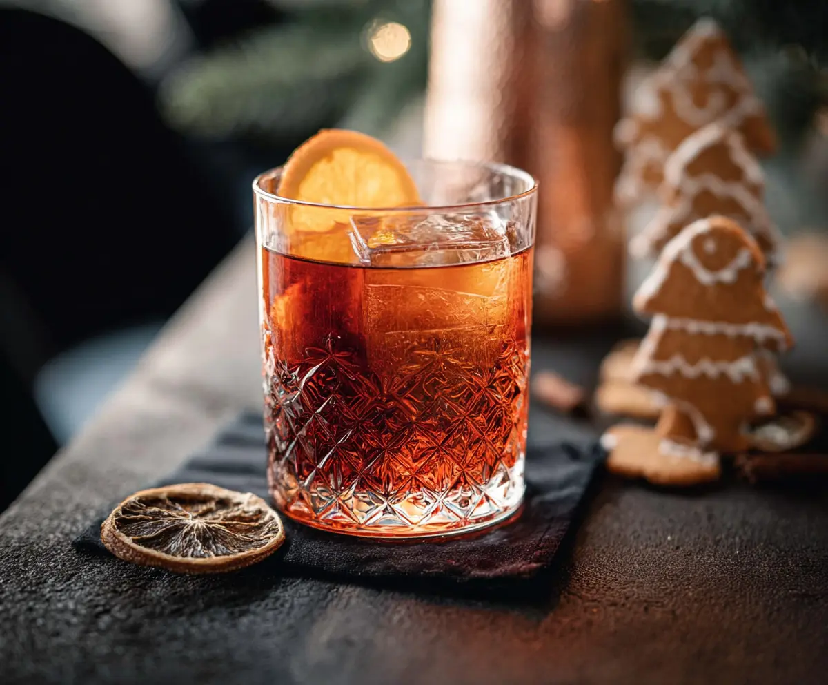 Vibrant Gingerbread Negroni cocktail garnished with cinnamon stick and orange peel on a festive table.