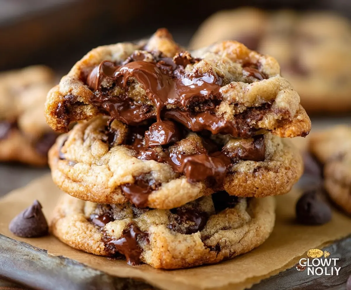 Delicious gooey chocolate chip cookies fresh out of the oven, showcasing melted chocolate chunks and a soft, chewy texture.