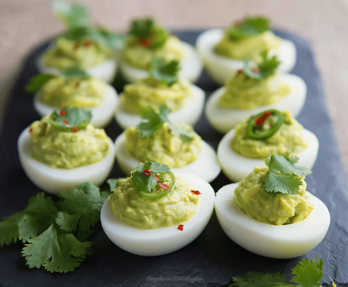 Delicious Guacamole Deviled Eggs topped with fresh herbs, perfect for appetizers and parties.