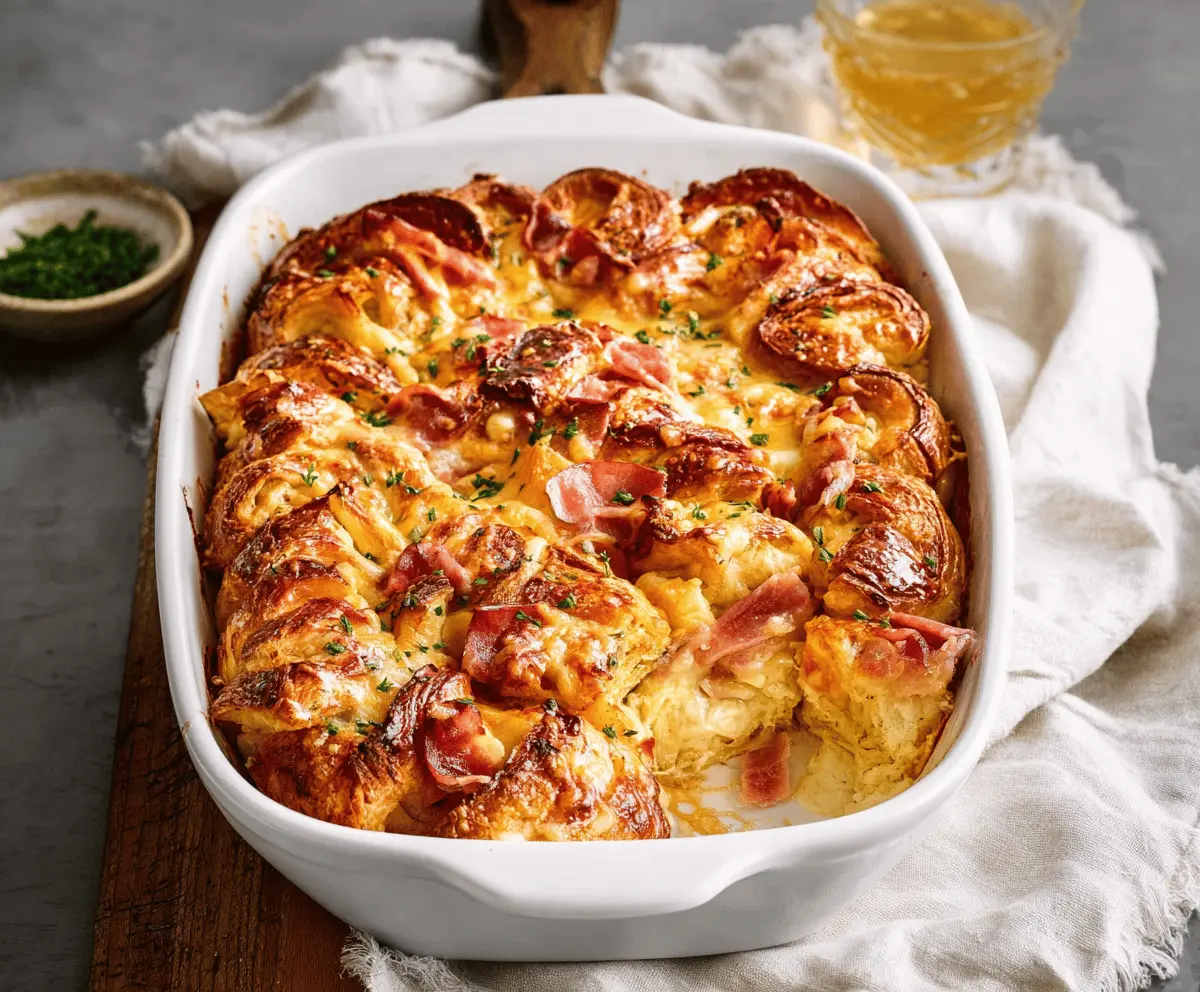 Delicious Ham and Cheese Croissant Casserole in a baking dish, perfect for breakfast or brunch.