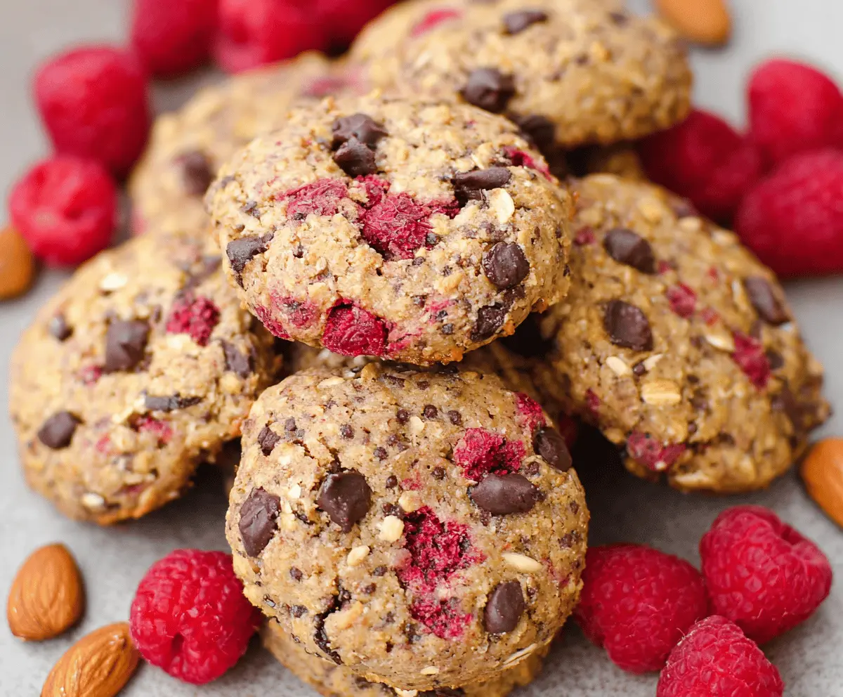 Delicious homemade healthy raspberry cookies on a plate with fresh raspberries.