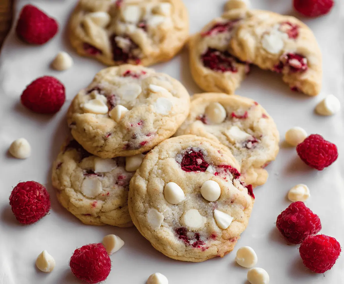 Delicious homemade white chocolate raspberry cheesecake cookies on a plate, featuring creamy white chocolate and fresh raspberries.