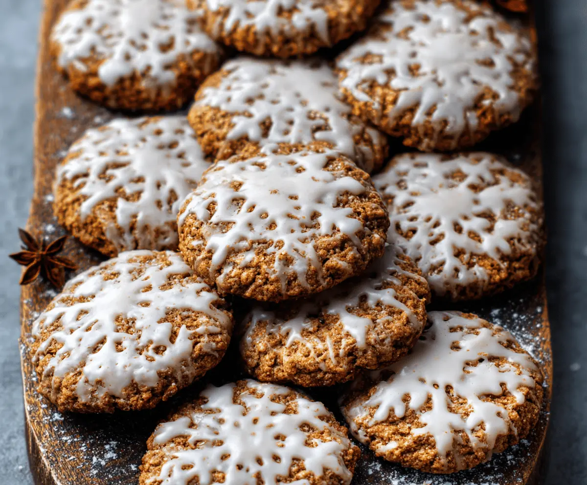 Delicious Iced Gingerbread Oatmeal Cookies on a plate flavored with warm spices.