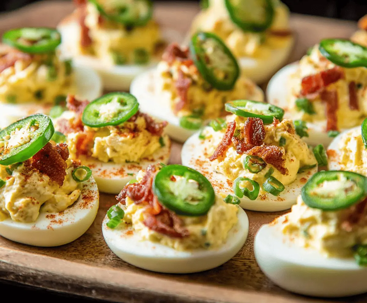 Delicious Jalapeño Popper Deviled Eggs garnished with fresh herbs, perfect for appetizer parties.