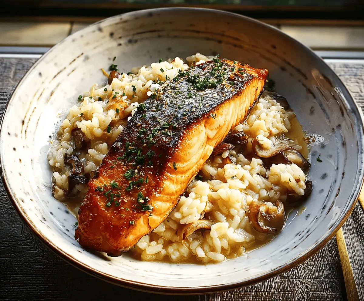 Japanese-style risotto with seared salmon served on a white plate, garnished with green herbs.
