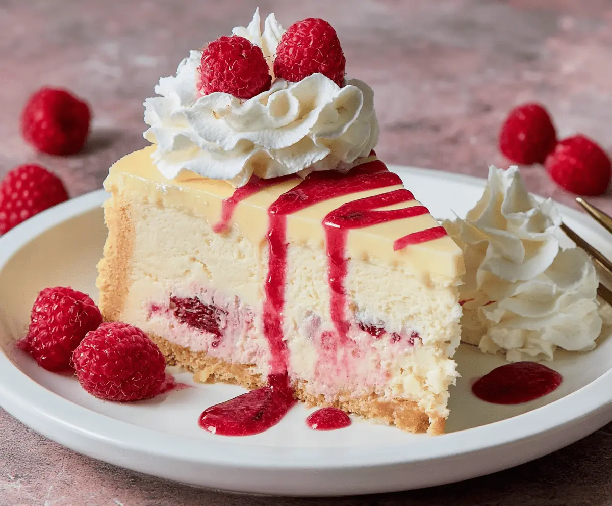 Delicious Lemon Raspberry Cream Cheesecake topped with fresh berries and lemon zest