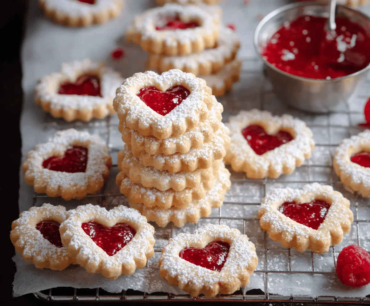 Delicious Linzer Raspberry Cookies with powdered sugar and raspberry jam filling on a white plate.