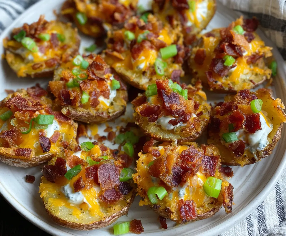 Close-up of loaded mini potato bites topped with cheese and herbs on a rustic platter.