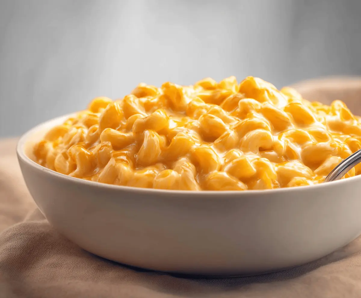 Creamy homemade Mac and Cheese served in a white bowl, garnished with shredded cheese and herbs