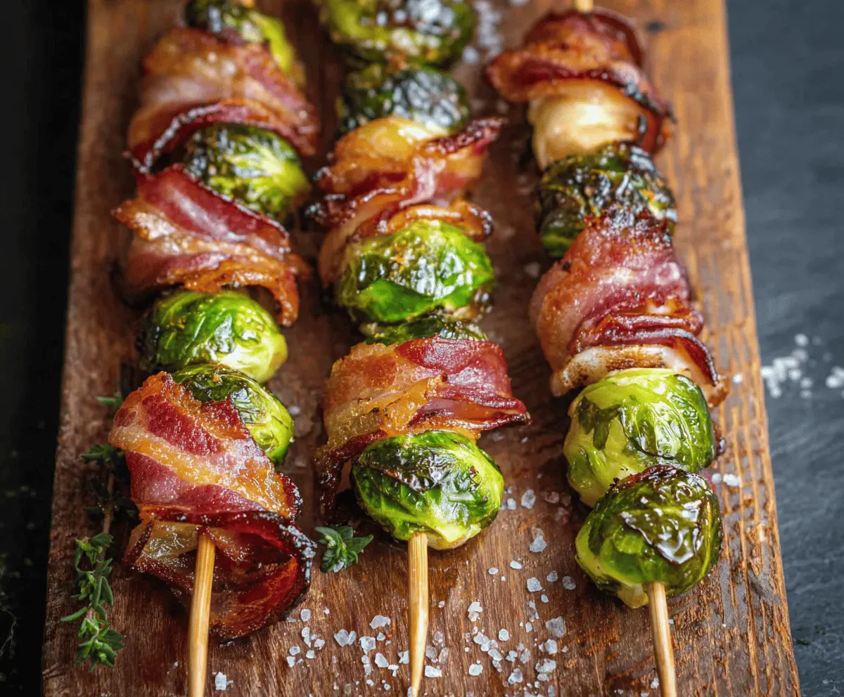 Delicious Maple Bacon Brussels Sprout Skewers on a platter, featuring crispy bacon and caramelized sprouts for a flavorful appetizer.