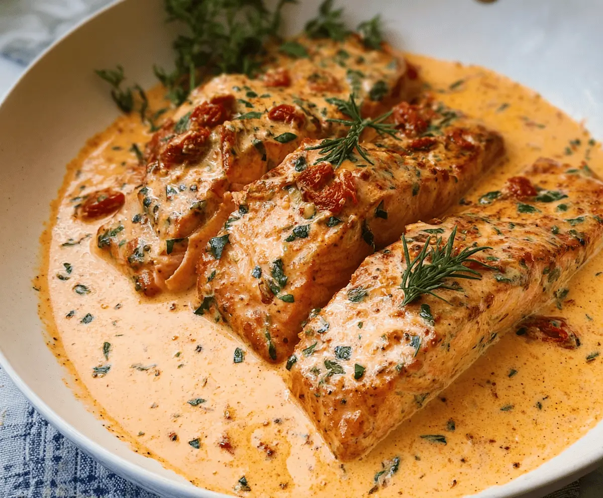 Delicious Marry Me Salmon garnished with fresh herbs and creamy tomato herb sauce on a white plate.