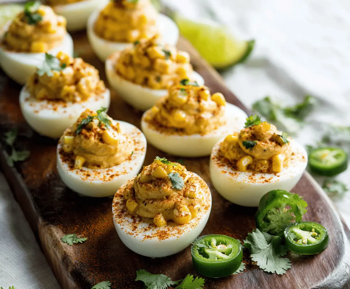 Delicious Mexican street corn-inspired deviled eggs garnished with cilantro and chili powder.