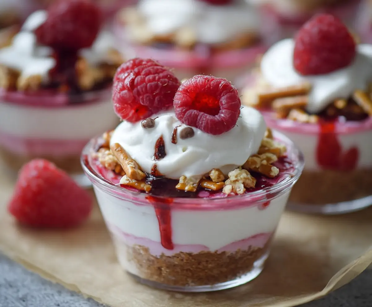 Delicious no-bake raspberry pretzel cups with a creamy filling and fresh raspberry topping.