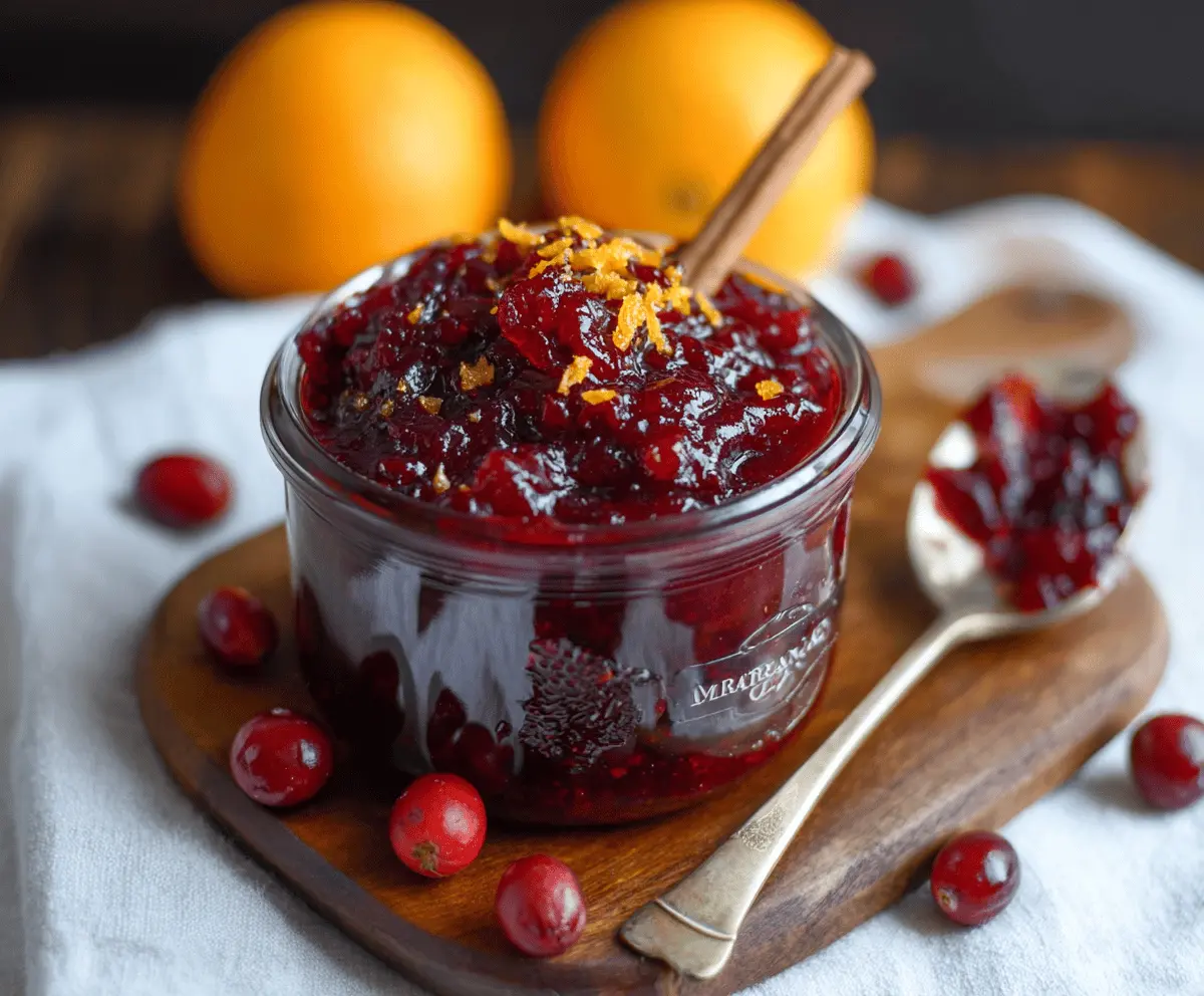 Delicious Orange Amaretto Cranberry Sauce served in a glass bowl with fresh cranberries and orange slices.
