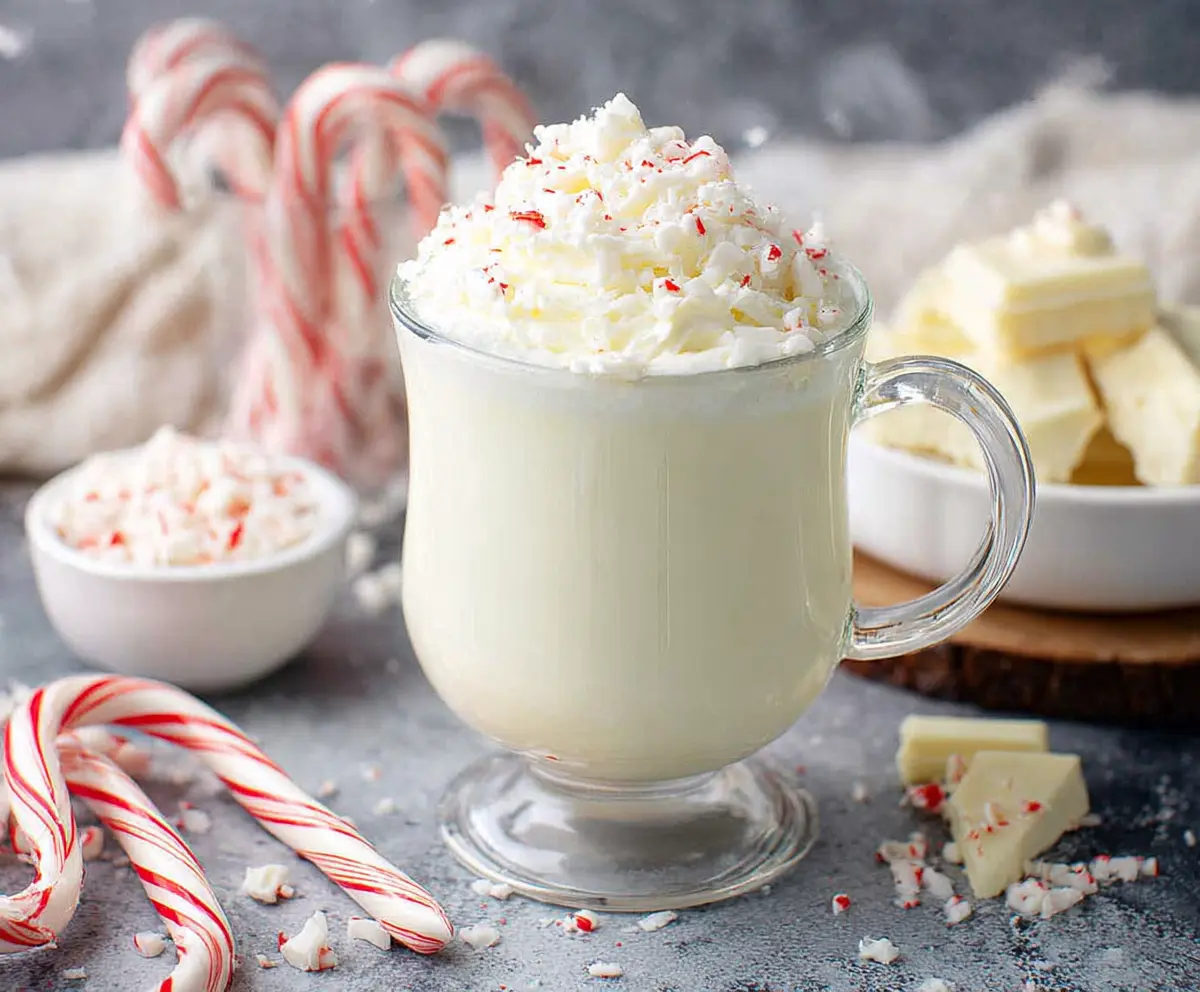 Creamy Peppermint White Hot Chocolate topped with whipped cream and peppermint candies.
