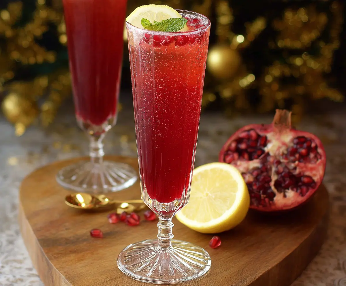 Refreshing Pomegranate Ginger Sparkler drink garnished with fresh pomegranate seeds and a slice of ginger, served in a clear glass.