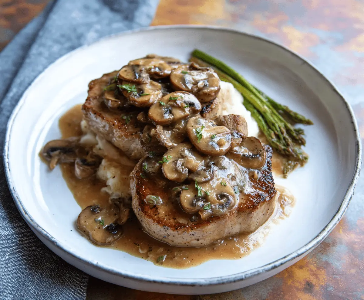 Juicy pork chops topped with savory mushroom gravy served on a white plate
