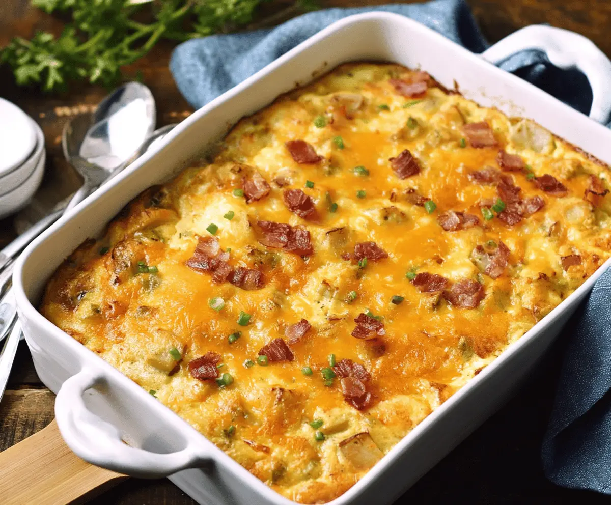 Delicious Potatoes O'Brien Breakfast Casserole with melted cheese and crispy bacon slices on top.