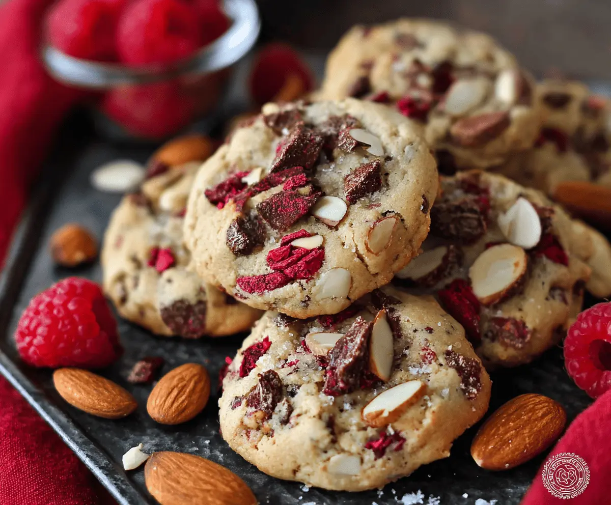 Delicious raspberry almond cookies topped with freeze-dried berries, perfect for a sweet treat.