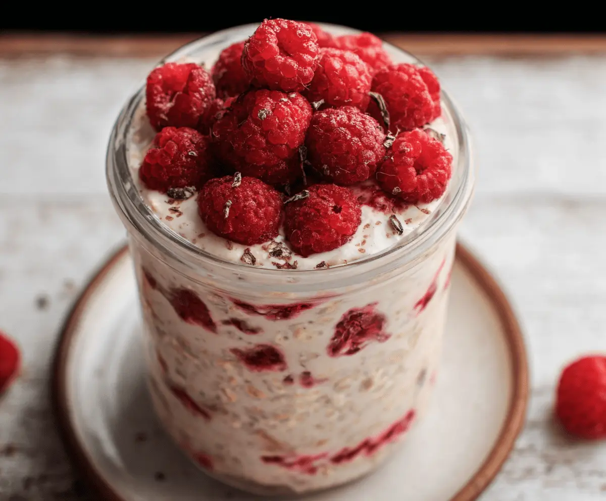 Delicious Raspberry Overnight Oats in a glass jar topped with fresh raspberries and chia seeds for a healthy breakfast.