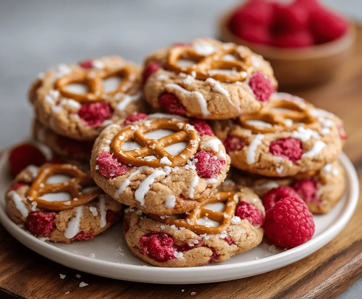Delicious Raspberry Pretzel Cookies with a sweet and salty flavor, topped with fresh raspberries.
