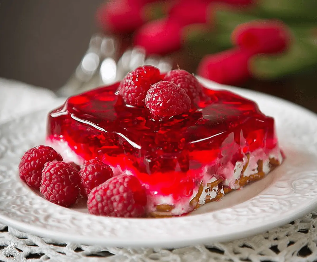 Delicious Raspberry Pretzel Jello dessert with fresh raspberries and crushed pretzels on top.