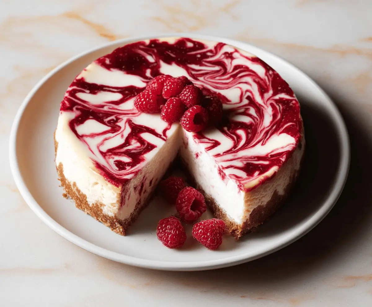Delicious Raspberry Swirl Cheesecake with a vibrant berry swirl on a decorative plate