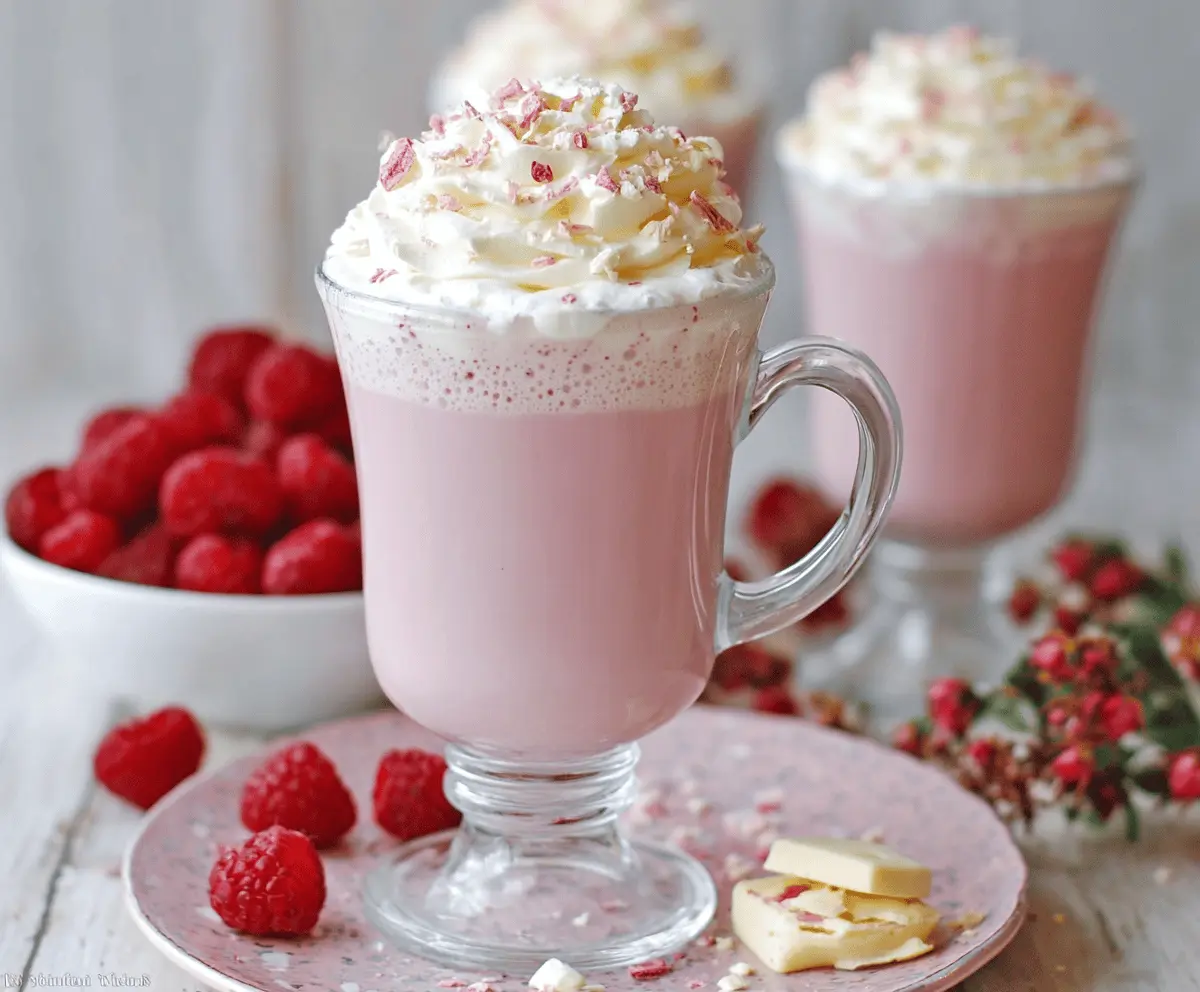 Creamy raspberry white hot chocolate in a clear glass mug topped with whipped cream and fresh raspberries.