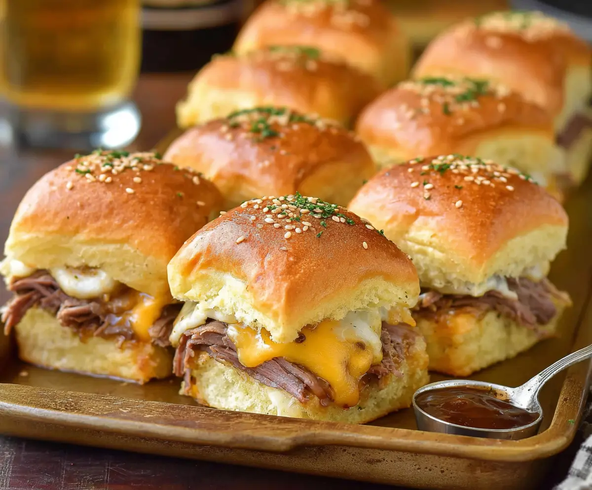 Delicious roast beef and cheddar sliders with melted cheese on soft buns, perfect for appetizers or snacks.