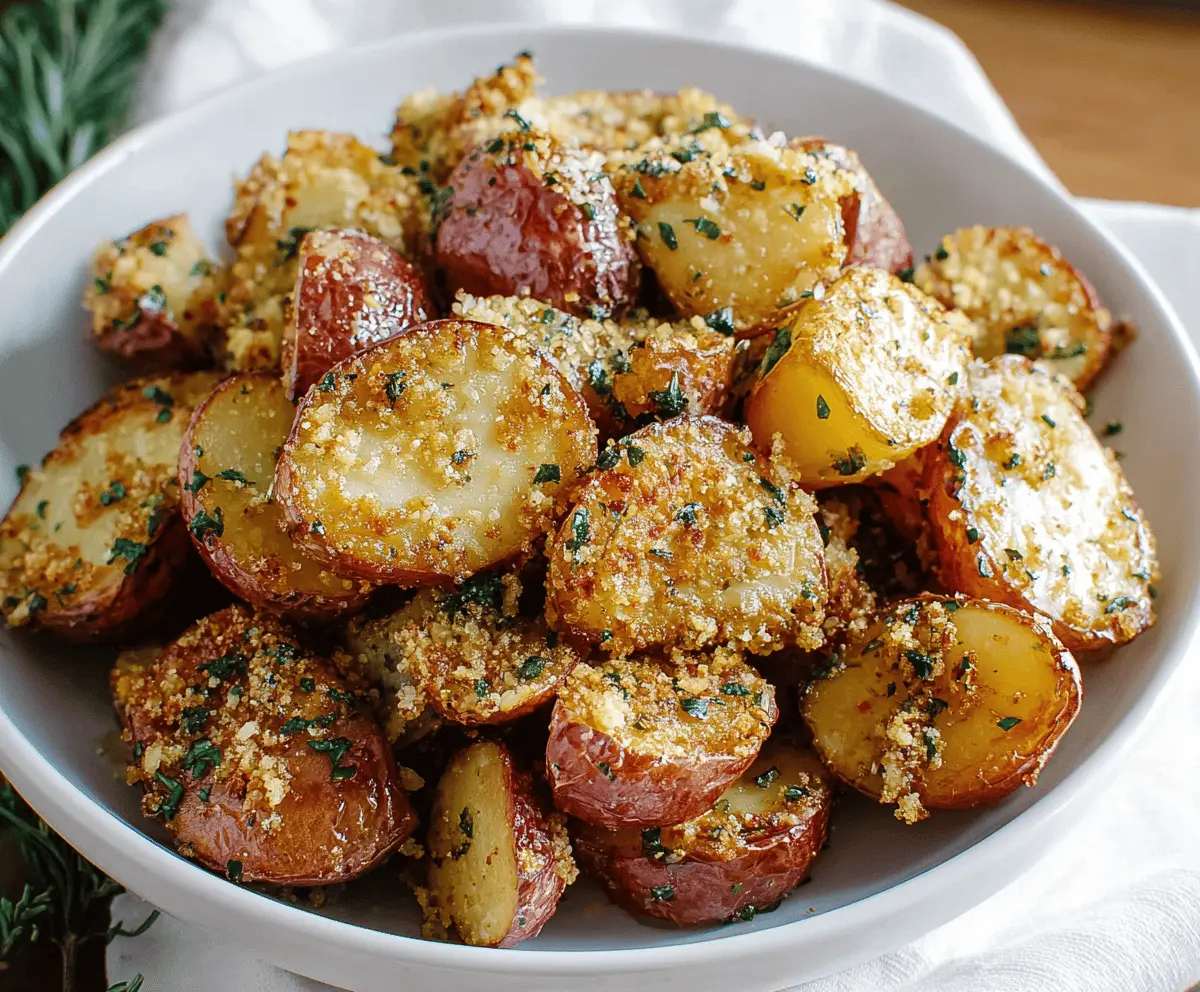 Golden roasted garlic Parmesan potatoes crispy on the outside and tender inside, perfect for a delicious side dish.