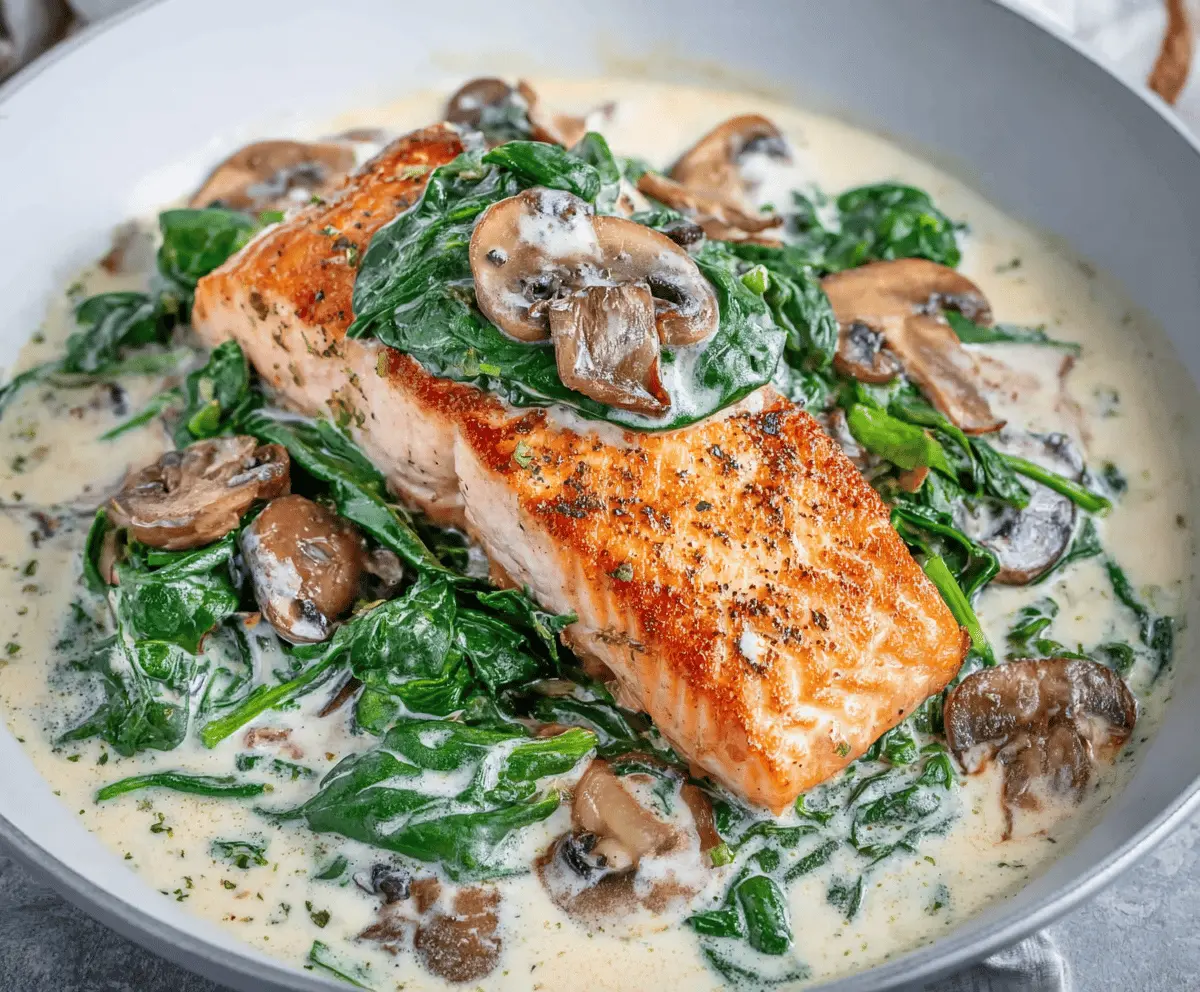 Delicious Salmon Florentine served with a rich garlic cream sauce on a white plate.