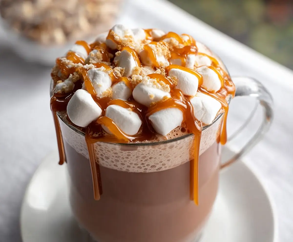 Creamy salted caramel hot chocolate in a mug topped with whipped cream and caramel drizzle.