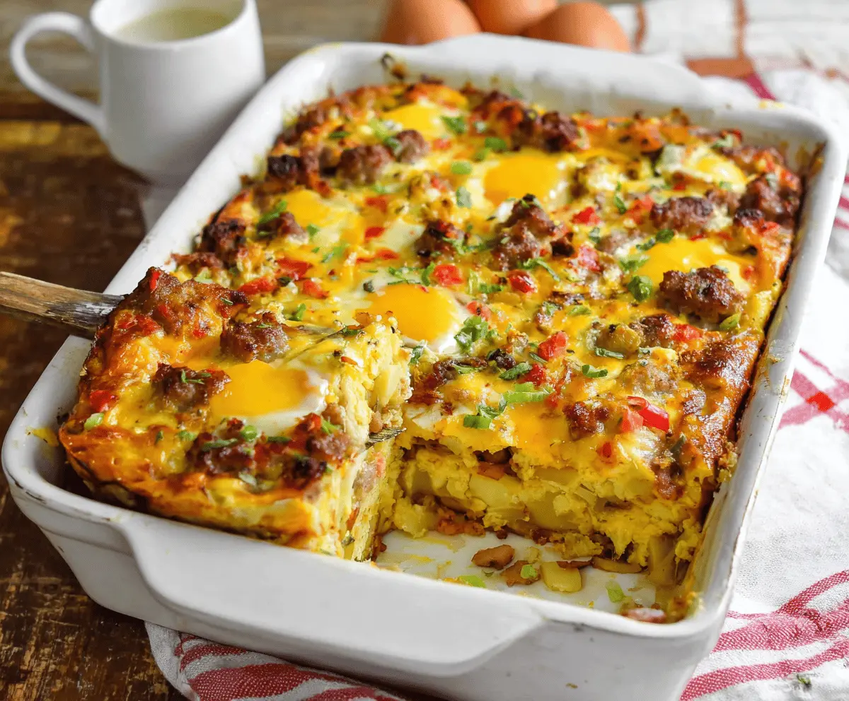 Hearty sausage, egg, and potato breakfast casserole in a baking dish.