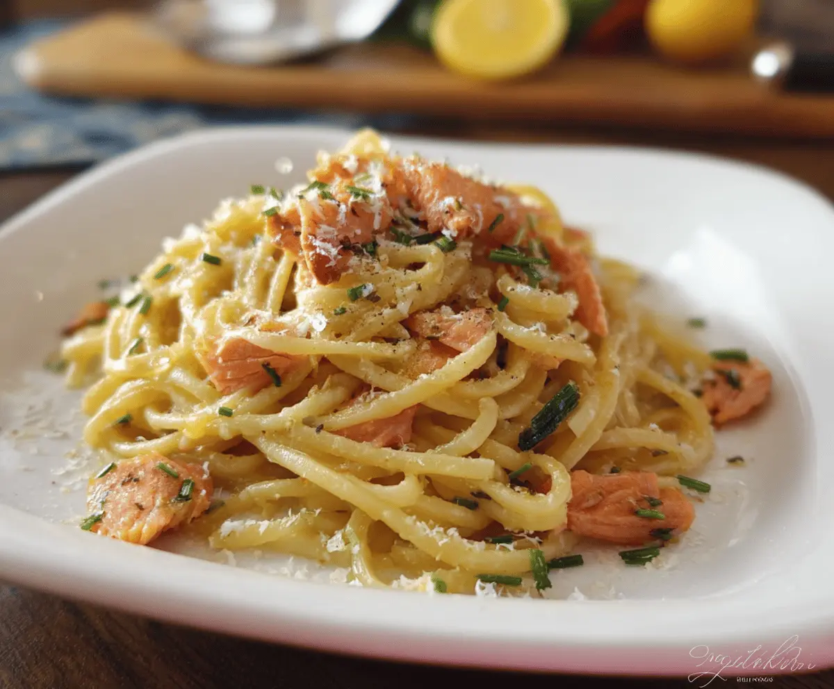 Delicious smoked salmon carbonara pasta garnished with herbs on a white plate.