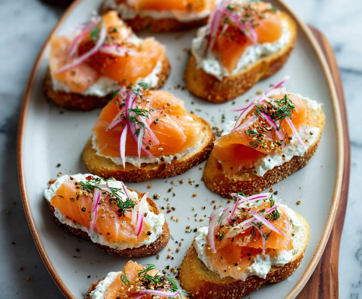 Delicious smoked salmon crostini garnished with dill and lemon on a rustic wooden board.