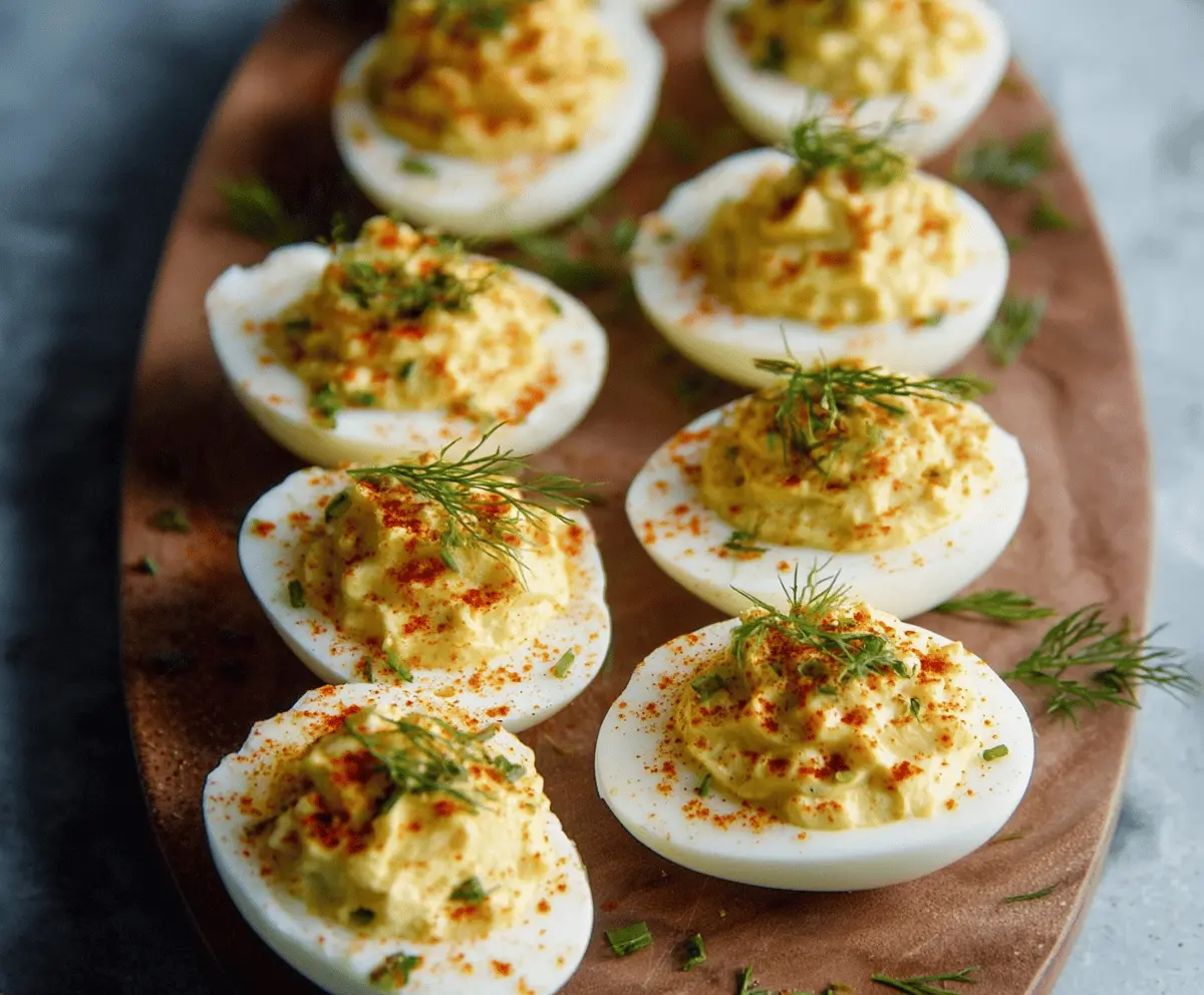 Delicious Southern-style deviled eggs served on a plate, garnished with paprika and fresh herbs.