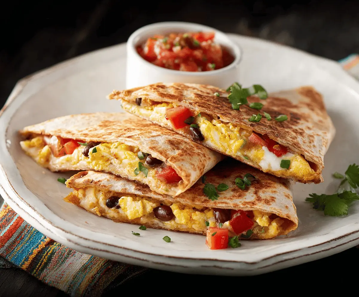 Delicious Southwest Breakfast Quesadilla filled with cheese, eggs, and spicy ingredients on a plate.