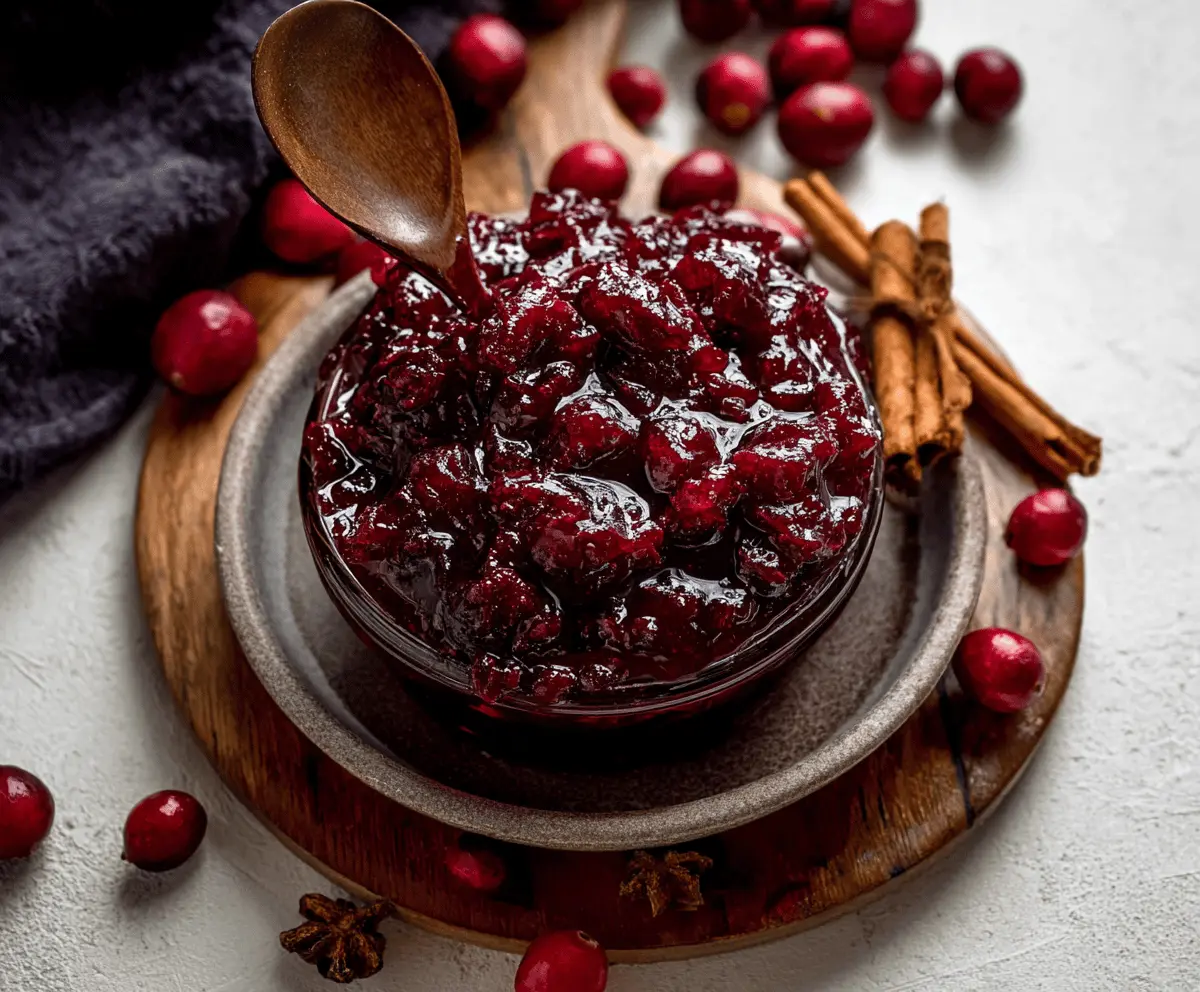 A bowl of homemade spiced cranberry sauce with fresh cranberries and cinnamon sticks.