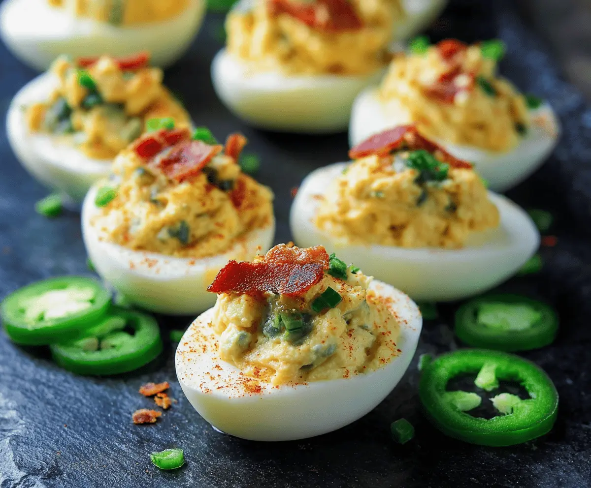 Spicy jalapeño popper deviled eggs garnished with fresh herbs, perfect for appetizers.