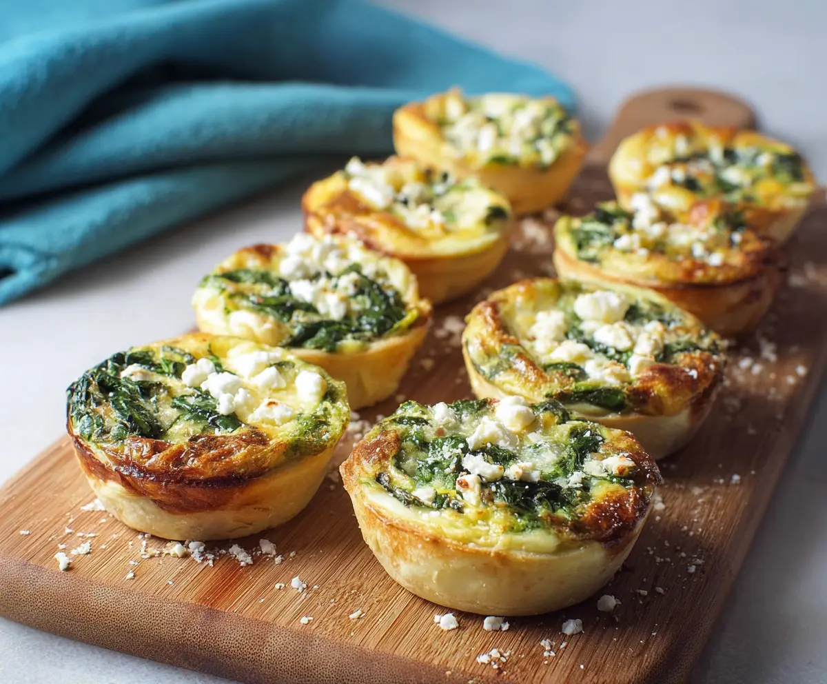 Delicious spinach and feta mini quiches on a plate, perfect for breakfast or brunch.