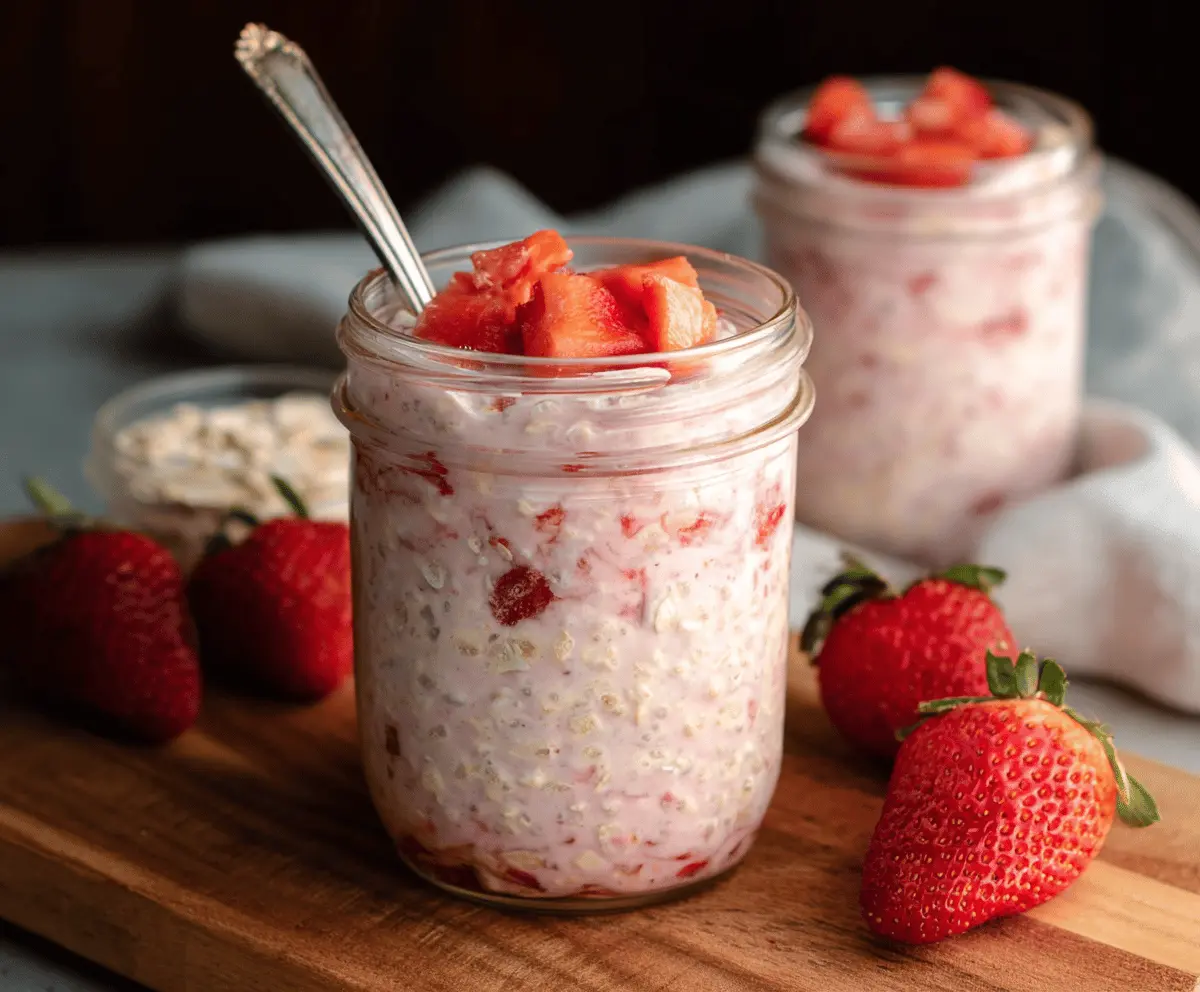 Delicious strawberry overnight oats in a glass jar topped with fresh strawberries and chia seeds.