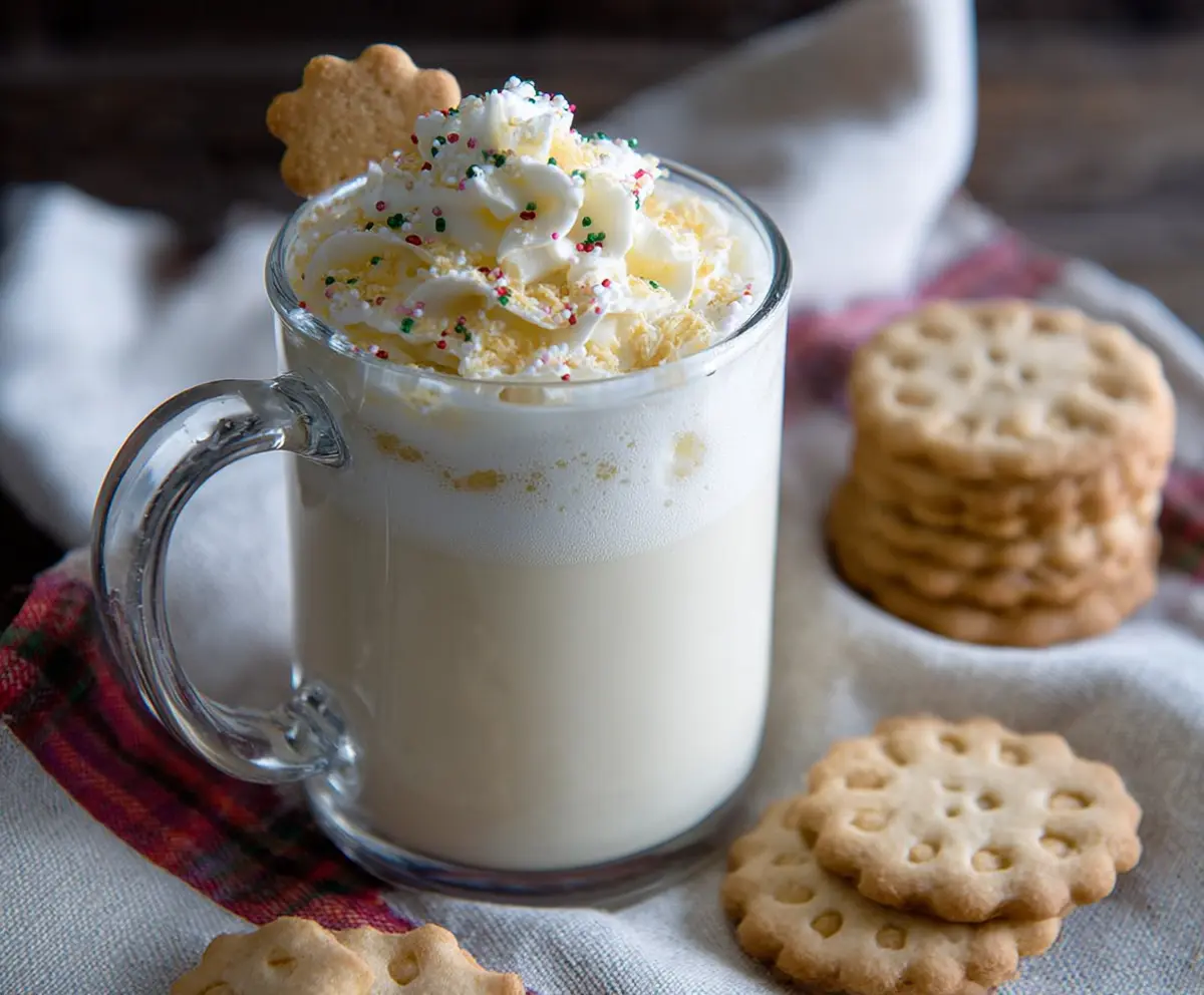 Creamy Sugar Cookie White Hot Chocolate garnished with whipped cream and colorful sprinkles