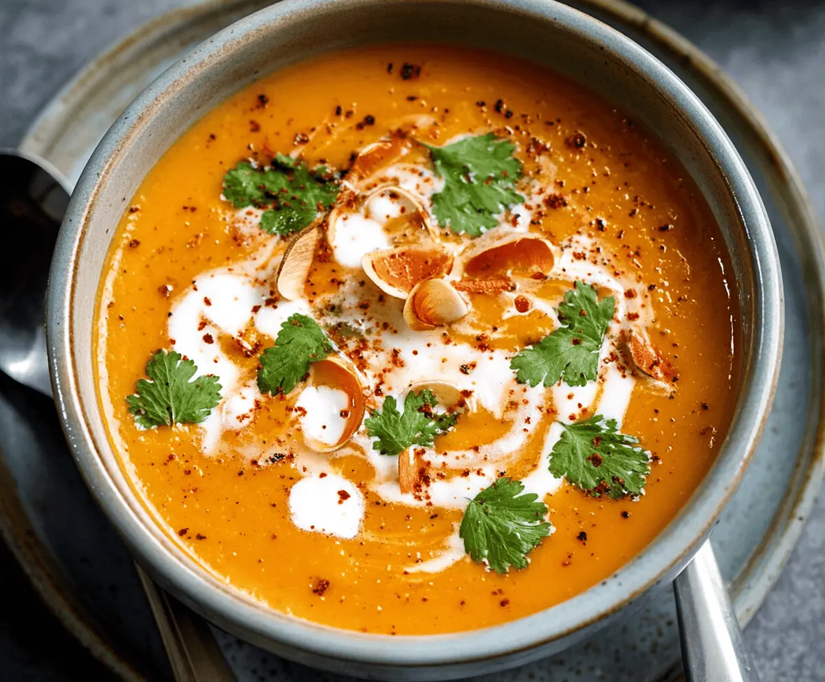 A bowl of creamy sweet potato and carrot curry soup garnished with herbs.