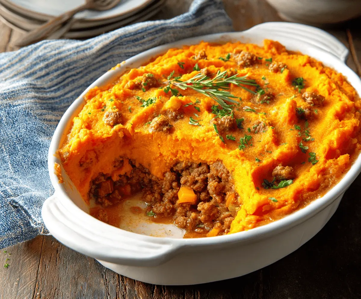 Delicious Sweet Potato Shepherd’s Pie with mashed sweet potatoes and savory filling