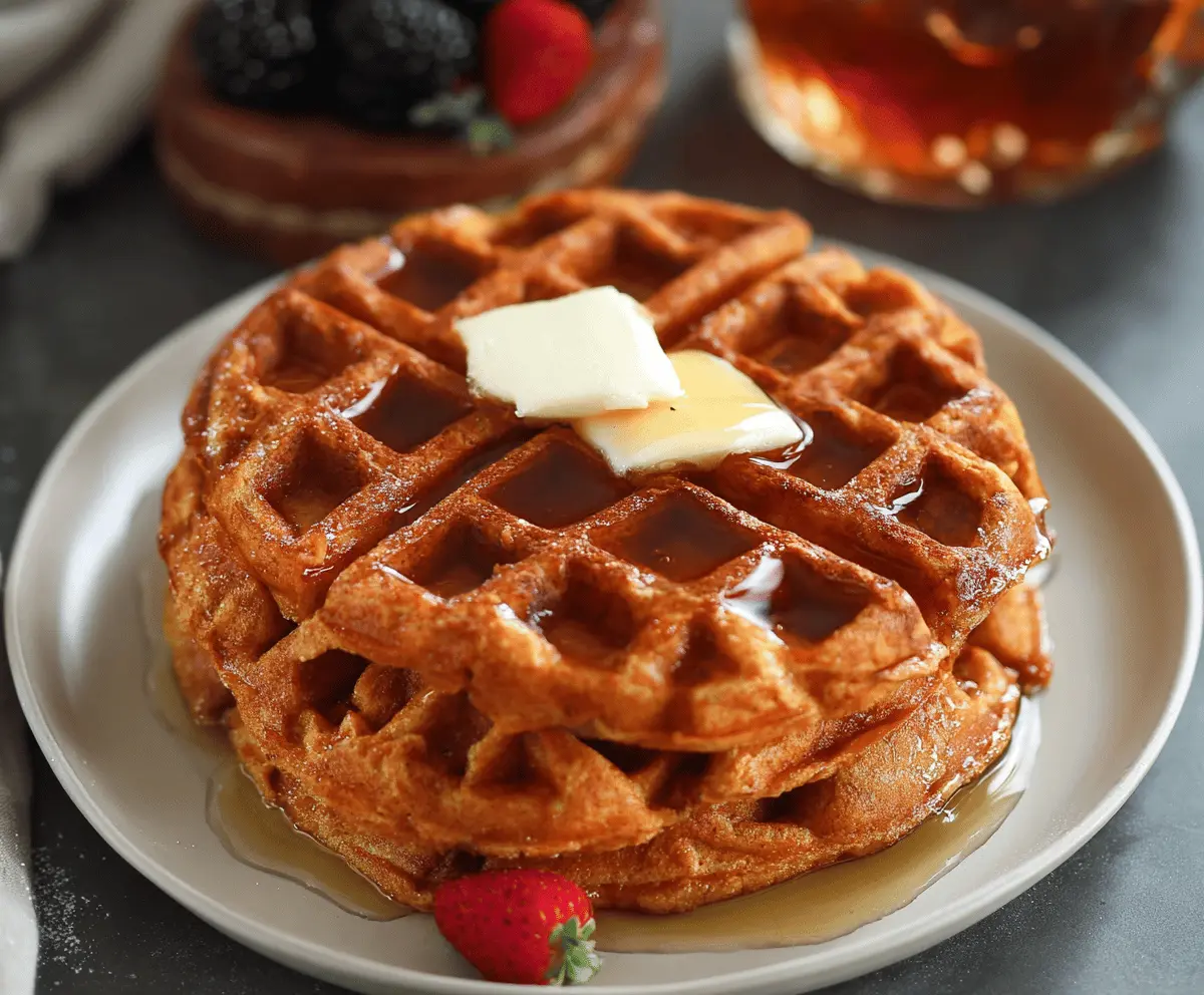 Delicious homemade sweet potato waffles with crispy edges and golden-brown finish.