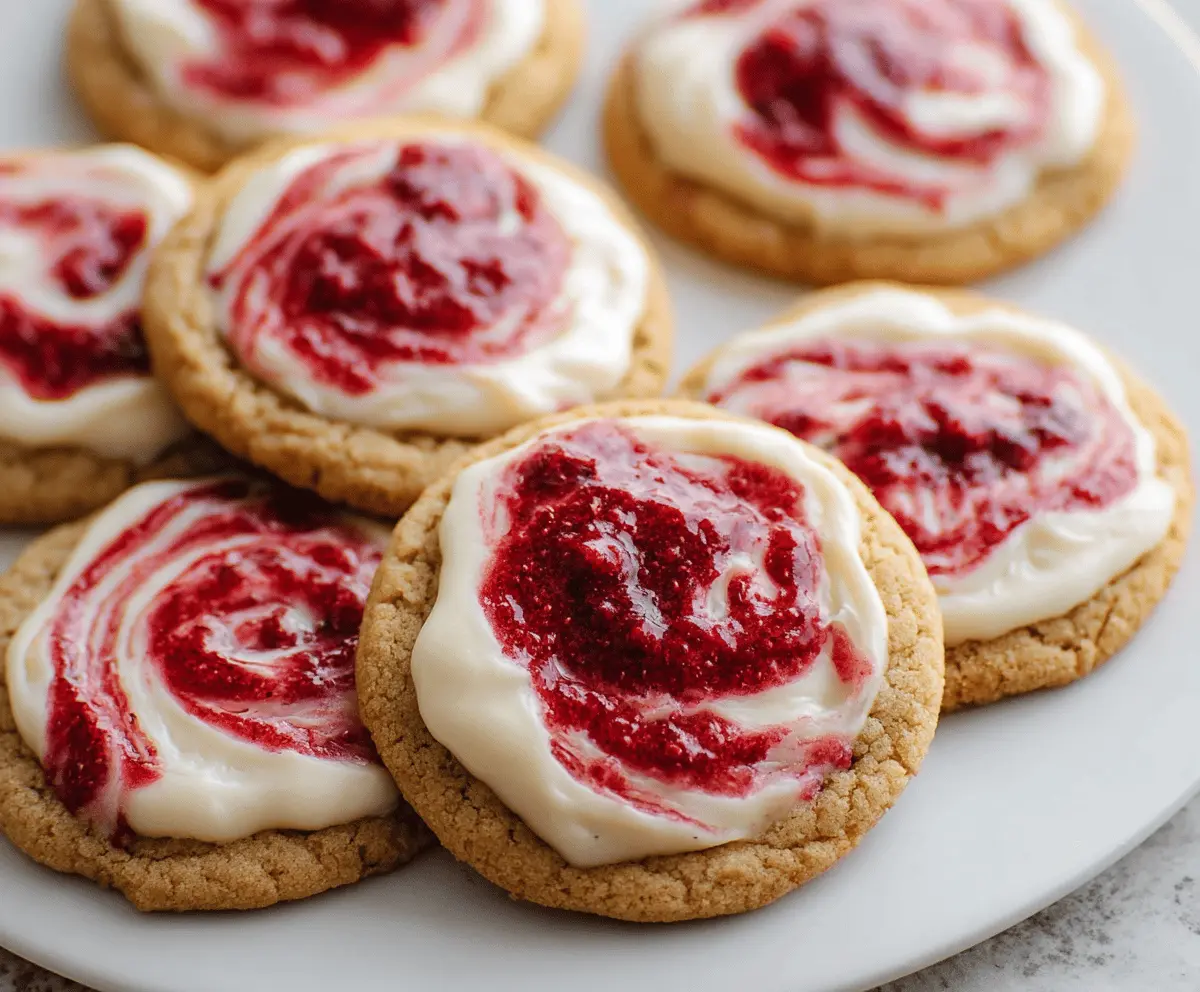 Delicious Swirled Raspberry Cheesecake Cookies with vibrant raspberry swirls and creamy cheesecake filling.